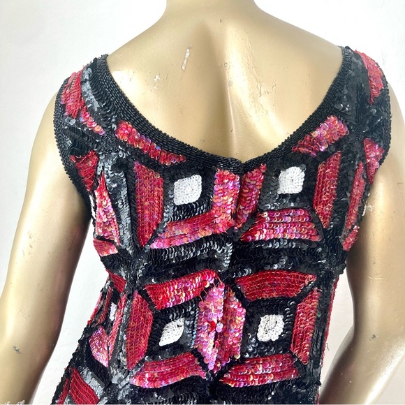 GORGEOUS 100% PURE SILK COLOR-BLOCK MOD/DECO VINTAGE SEQUIN SLEEVELESS DRESS L - Picture 8 of 10